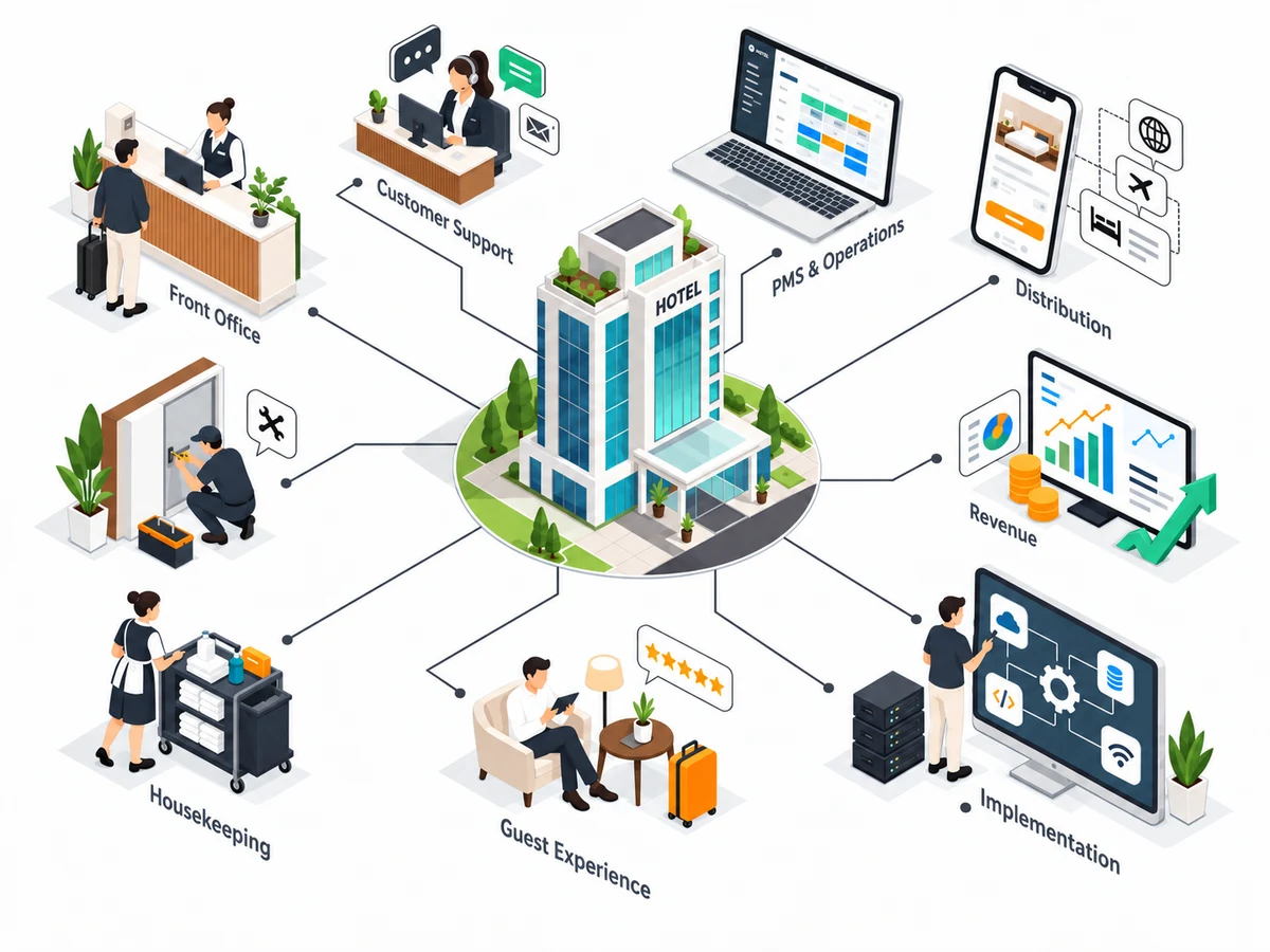 Ilustración isométrica del ecosistema de un hotel: el edificio en el centro y, alrededor, la recepción, la atención al huésped, las reseñas, el revenue, la distribución y la implantación.
